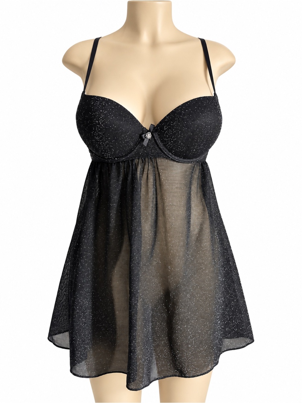 Daisy Fuentes Black Glitter Mesh Babydoll Lingerie - NWT Push Up Size L
